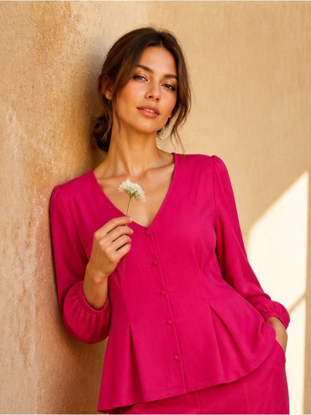 Adrienne Vittadini Bright Fuchsia Button-Front V-Neck Blouse - Picture 2 of 8